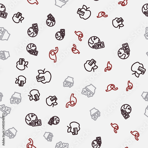Set line Apple and measuring tape, GMO, Salad bowl and Human stomach health on seamless pattern. Vector