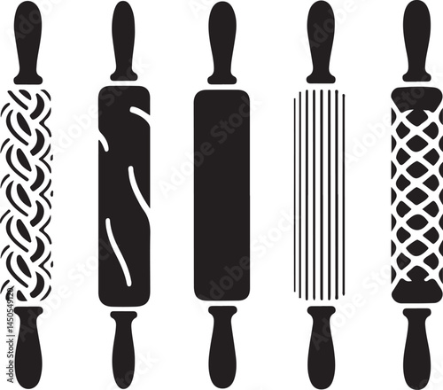 Rolling Pin Silhouettes with Various Textures and Patterns, Black and White Vector for Baking, Cooking, and Kitchen Design