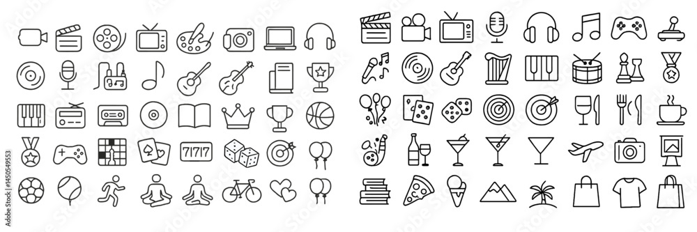 Set of line style web icons featuring diverse activities, entertainment, and leisure elements for modern digital use Set of line style web icons featuring diverse activities, entertainment, and leisure elements for modern digital use