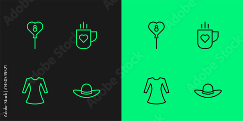 Set line Elegant women hat, Woman dress, Balloons with 8 March and Coffee cup and heart icon. Vector