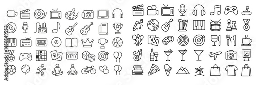 Set of line style web icons featuring diverse activities, entertainment, and leisure elements for modern digital use