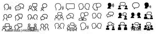 Web icons showcasing various line style designs for communication and conversation among people in different settings