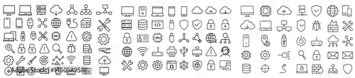 Set of web icons showcasing technology, connectivity, and security in line style for digital applications