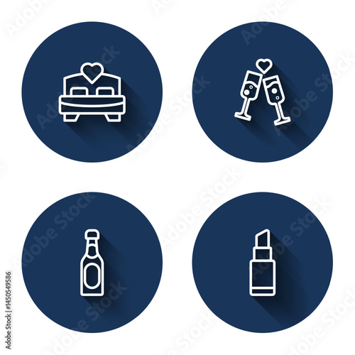Set line Bedroom, Glass of champagne, Champagne bottle and Lipstick with long shadow. Blue circle button. Vector