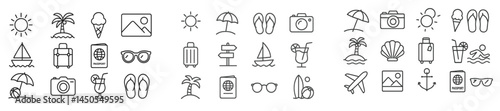 Collection of web icons featuring travel and leisure elements designed in a simple line art style for various digital uses