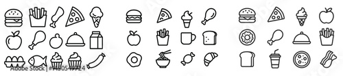 Collection of line style web icons representing various food items and beverages for digital design projects