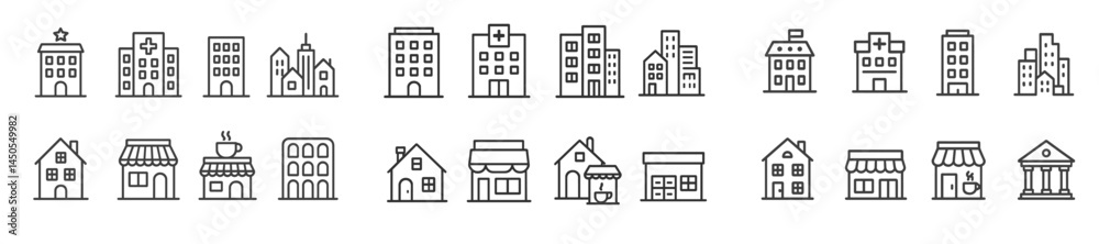 Fototapeta premium Collection of web icons depicting various building types in line style emphasizing urban architecture