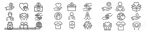 Set of web icons featuring line style representations of community support and charity themes