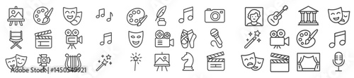 Various web icons in line style representing creative arts, entertainment, and music activities