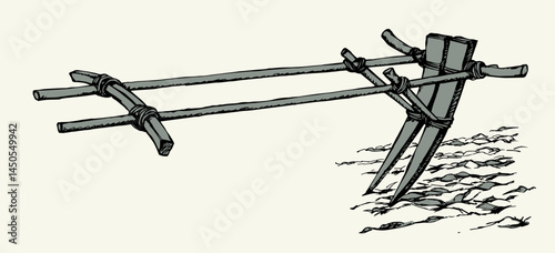 Vector drawing. Old wooden plow