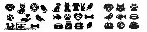 Collection of web icons depicting pets and pet care items in line style for digital use