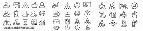 Diverse set of web icons in line style representing various business and social activities for digital platforms