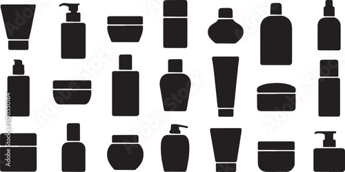 Cosmetic Bottle Silhouette Vector Collection in Black Featuring Tubes, Jars, Pumps and Containers for Skincare Packaging and Beauty Product Designs