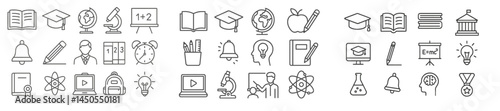 Set of line style web icons representing education, science, and technology themes for online applications and websites