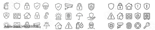 Collection of line style web icons representing security, protection, and monitoring for design and development use
