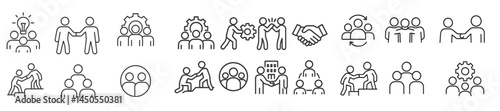 Line style web icons for various collaborative and business activities showcasing teamwork, engagement, and connection