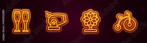 Set line Bowling pin, Cannon, Ferris wheel and Vintage bicycle. Glowing neon icon. Vector