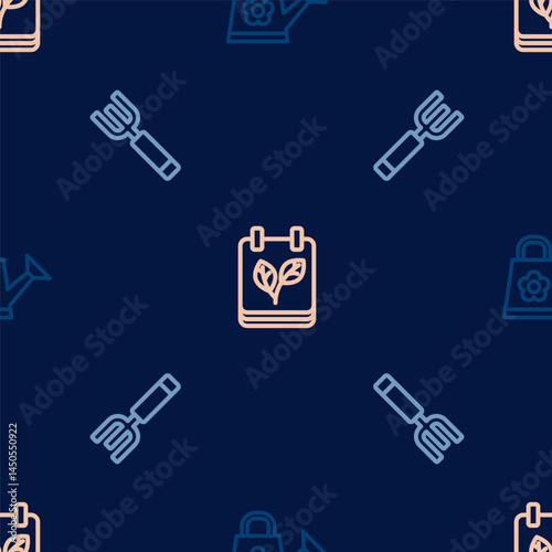 Set line Watering can, Garden pitchfork and Calendar with autumn leaves on seamless pattern. Vector