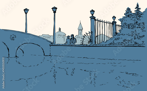 Vector landscape. Couple in love walking along the alleys of the park