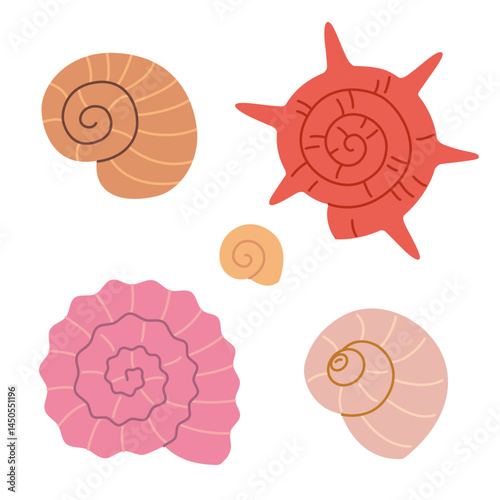 Set of spiral round seashells, Architectonicidae, Colloniidae in pastel colors. Smooth, ribbed and spiked varieties. Trendy modern isolated vector illustration, hand drawn, flat