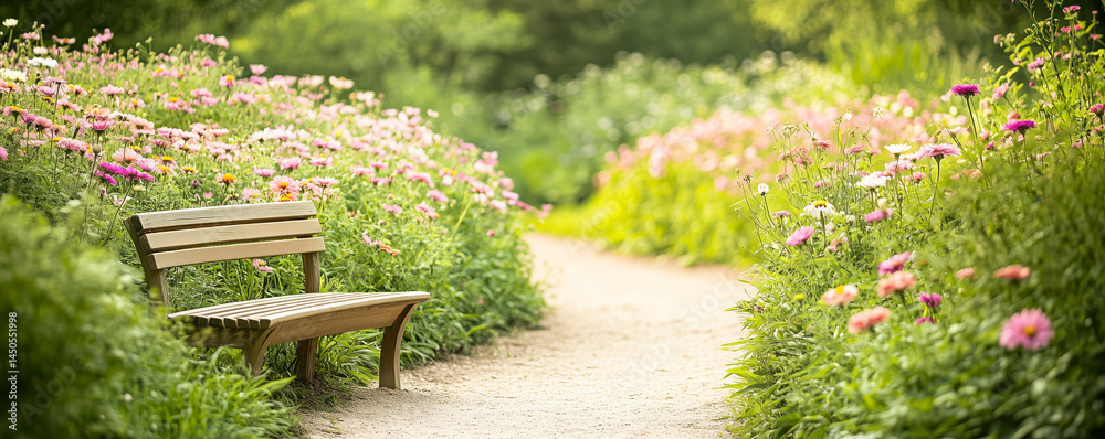 Obraz premium View on a wild garden with the blooming flowers on both sides of the footpath and a tiny bench waits at the curve. Spring in nature.