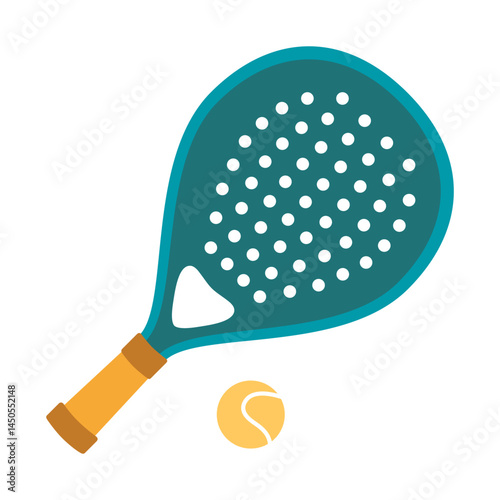 Padel tennis racket and ball. Simple sports equipment design for team games and athletic themes. Modern vector illustration isolated on white background, hand drawn, flat design