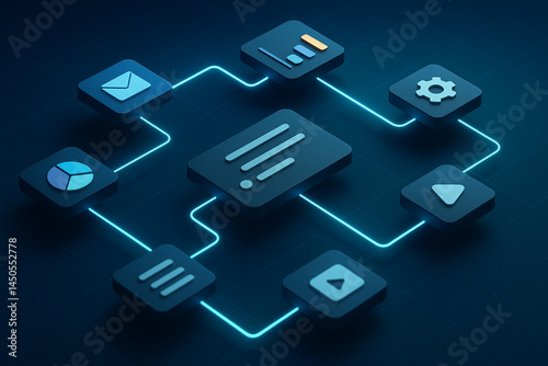 N8n : Futuristic workflow diagram with glowing blue lines connecting various 3D icons representing email, charts, settings, and media dark digital