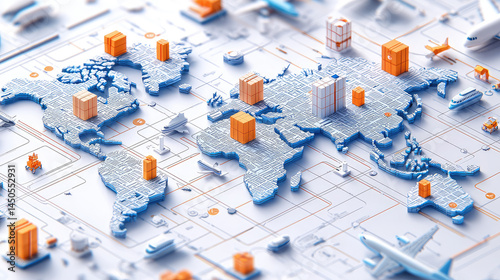 Global logistics network map.  Detailed illustration showcasing international shipping, transport, and supply chain interconnectedness.  Various modes of transport, including planes, 