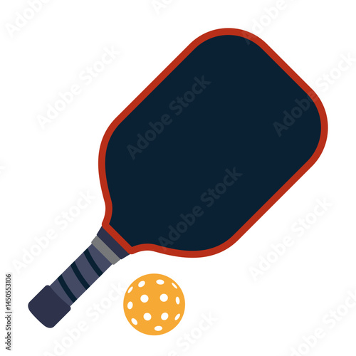 Pickleball paddle and ball. Simple sports equipment design for modern racket games and active lifestyle themes. Modern vector illustration isolated on white background, hand drawn, flat design