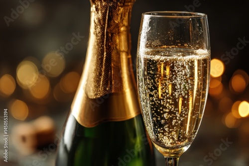 Close-up shot of a glass of bubbly champagne next to a bottle, celebrating a special occasion with light bokeh, ready to enjoy the festive atmosphere.
