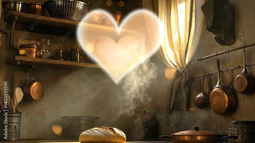 Heart-shaped light over rustic bread in kitchen