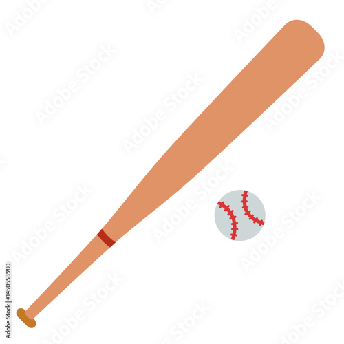 Baseball bat and ball. Simple sports equipment design for team games and athletic themes. Modern vector illustration isolated on white background, hand drawn, flat design