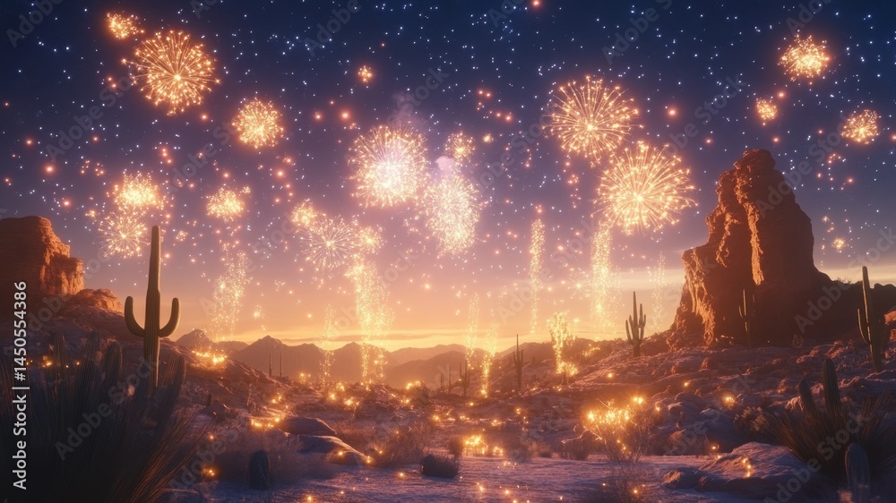 Fototapeta premium Fireworks explode in a desert landscape at night