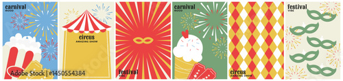 set carnival circus retro poster. minimalistic design with festival food, tent, firework and mask
