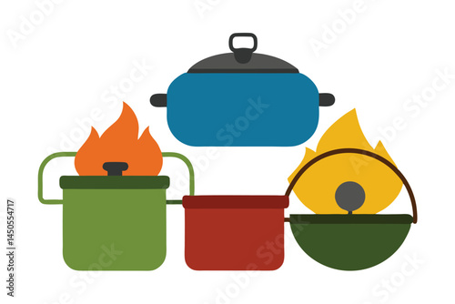 Camping cooking scene showcasing different pots on fire for outdoor meals