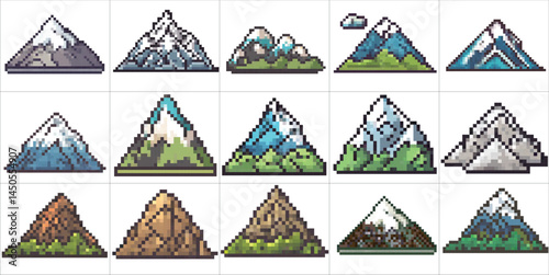 Big set of icons pixel mountains