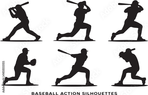 Baseball Action Silhouette Vector Collection in Black Featuring Swinging, Running and Fielding Poses for Sports Logos, Posters and Game Art Designs