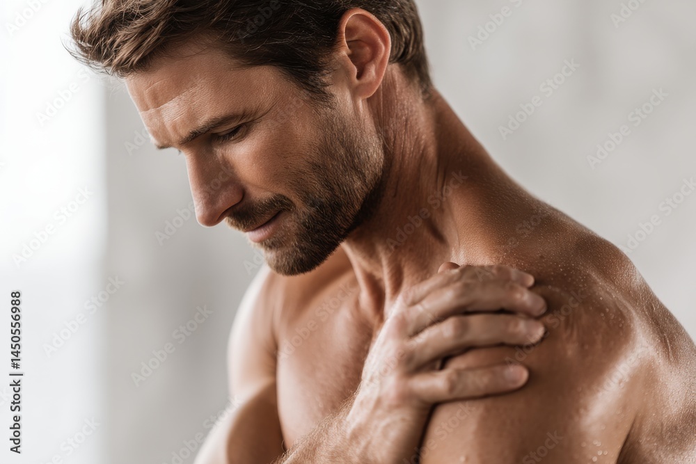 A handsome man massages his shoulder, demonstrating self-care and physical therapy, with a focus on health and wellness, emphasizing a therapeutic touch and muscular relief. A handsome man massages his shoulder, demonstrating self-care and physical therapy, with a focus on health and wellness, emphasizing a therapeutic touch and muscular relief.