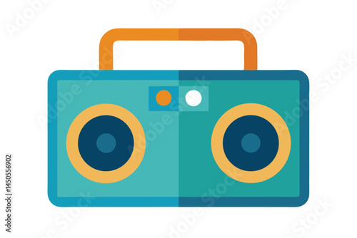 Retro boombox illustration in teal and orange with a clean design