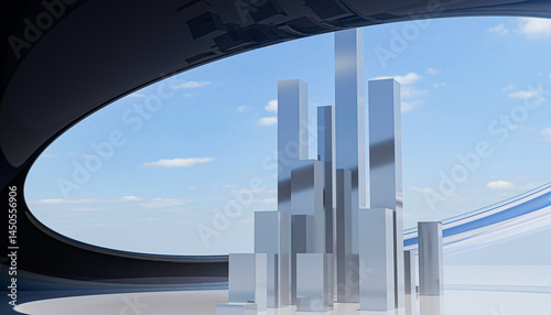 Zoom on futuristic city with big sphere around, architecture concept of future building, reflection on sky and world