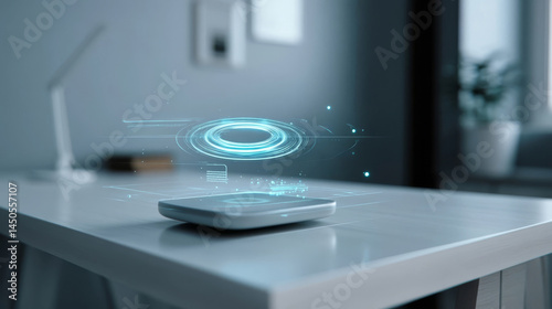 Futuristic hologram interface projected from a sleek smart device on a minimalistic desk