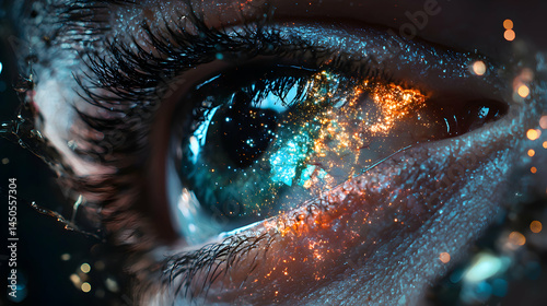 A mesmerizing image showcasing an eye filled with celestial elements. Suggests themes of wonder dreams and cosmic awareness. Suitable for fantasy art book covers.