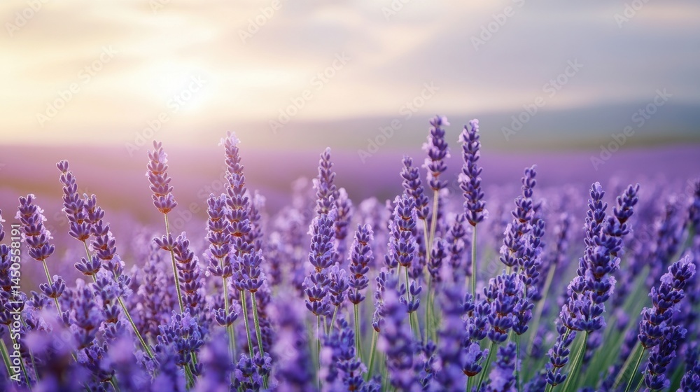 Fototapeta premium Lavender field bathed in golden sunset light.