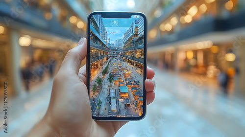 Smartphone displaying digital cityscape technology and modern urban view