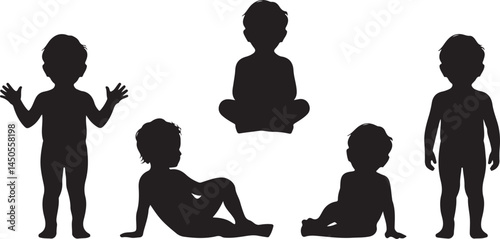 Toddler Silhouette Vector Collection in Black Featuring Children in Sitting and Standing Poses for Baby Products, Parenting Art and Childcare Designs