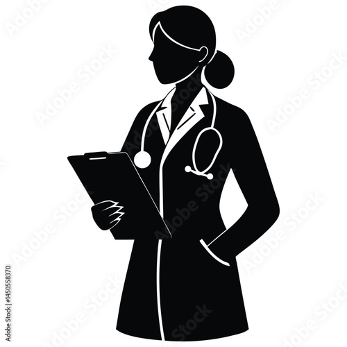 Silhouette of Female Doctor Reviewing Medical Chart