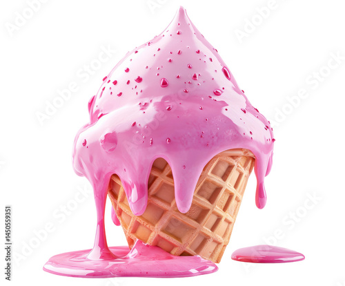 Melting pink ice cream cone dessert table food bright atmosphere isolated on transparent background