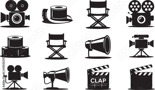 Film Production Icons Silhouette Vector for Movie, Media, and Entertainment Branding