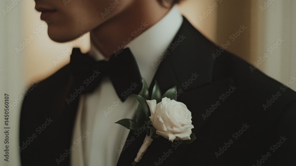 Elegant groom dressed in black tuxedo with white rose boutonniere