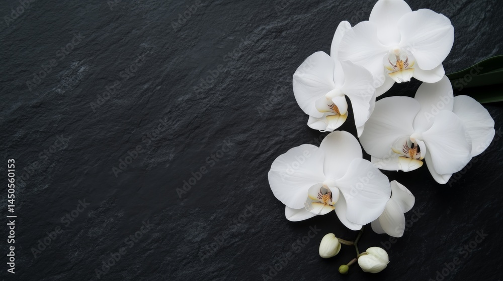 Elegant white orchids rest on a textured black background.